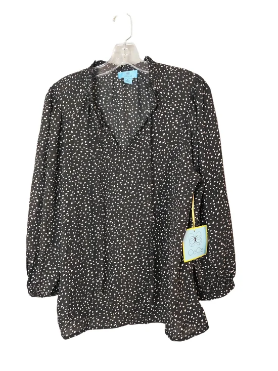 CeCe Black White Speckled Print Blouse Medium NWT Tie Neck Sheer Long Sleeve - Picture 1 of 10